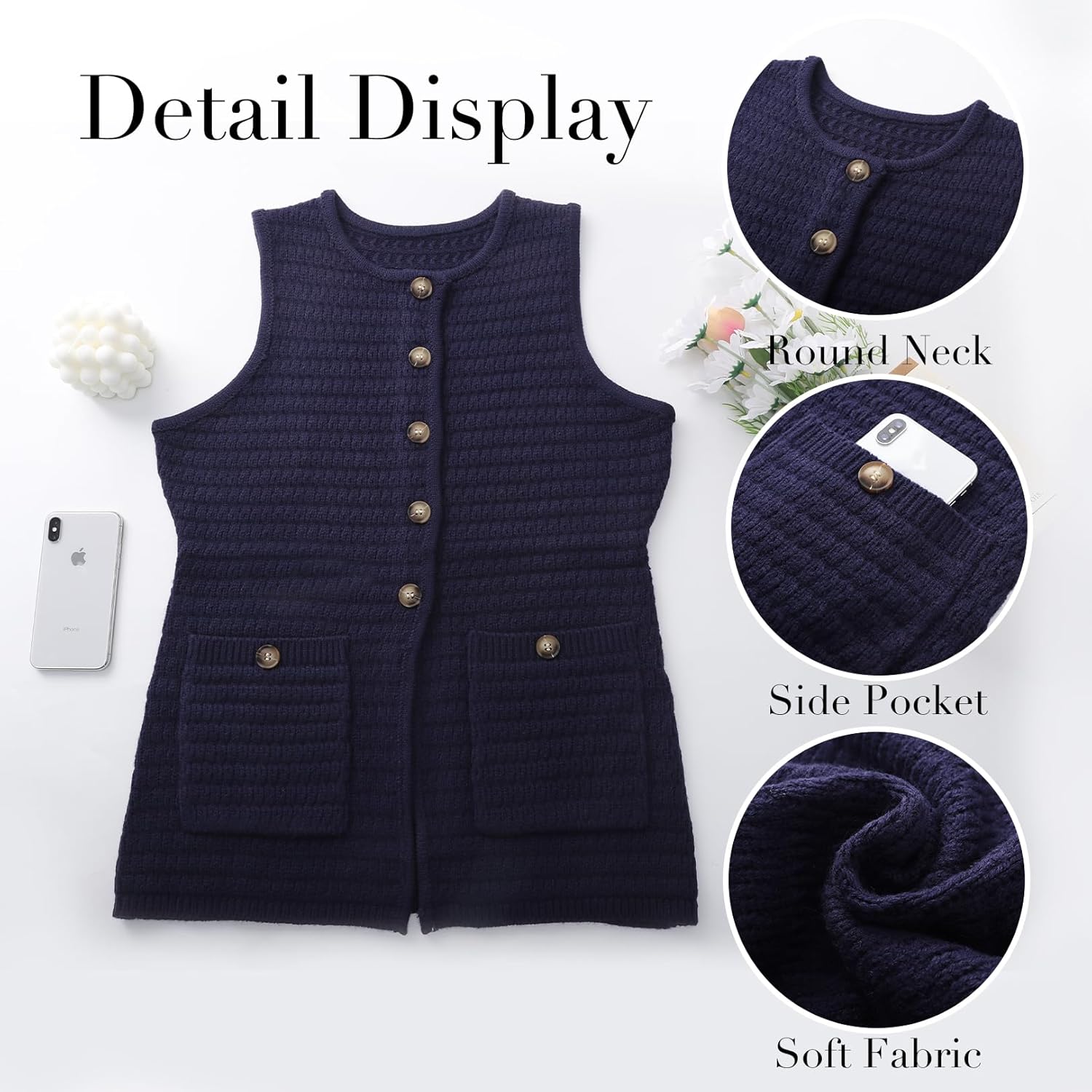 Flygo Women's Crochet Cardigan Sweater Vest Chunky Button Down Crewneck Sleeveless Tank Tops with Pockets(NavyBlue-M)
