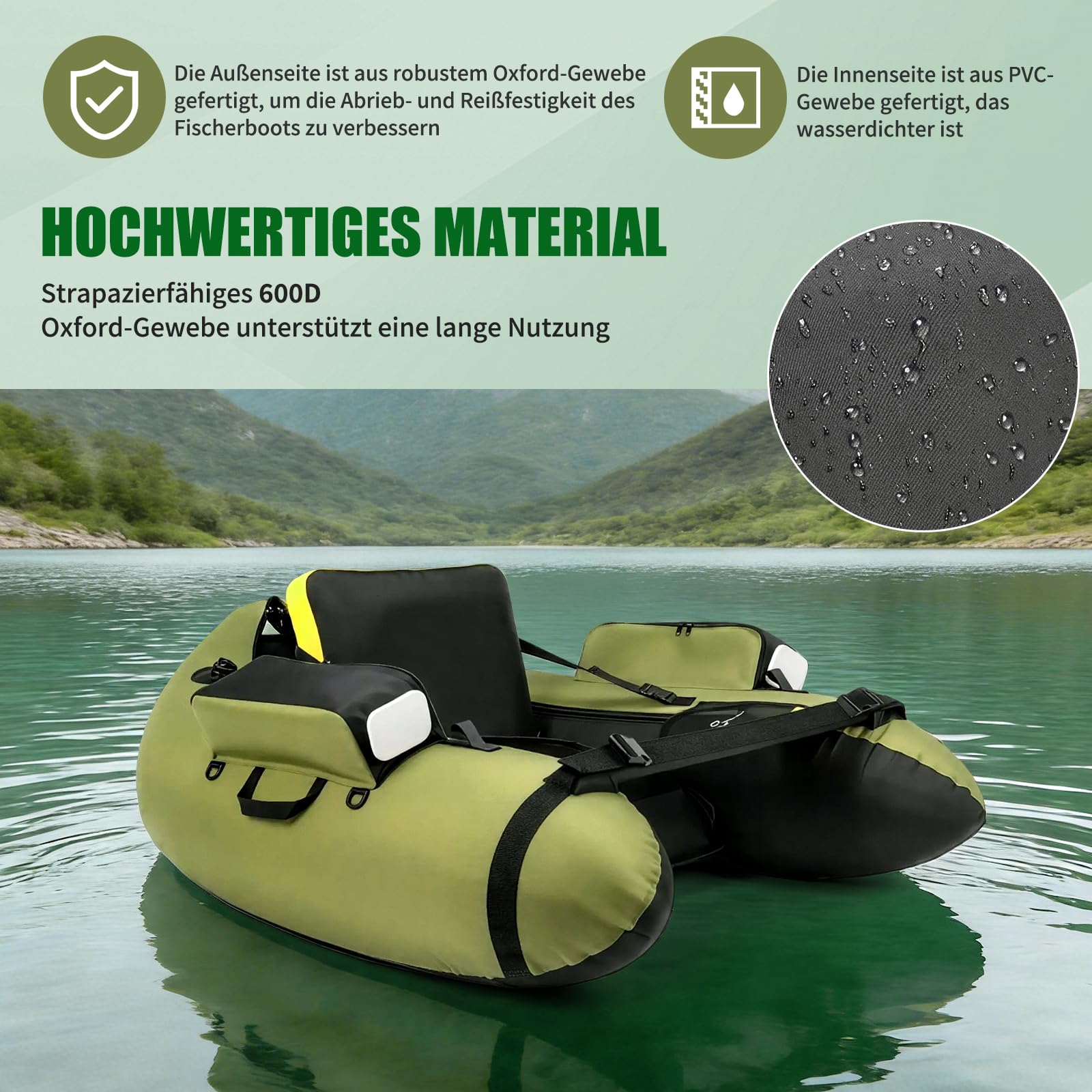 LEADZM Aufblasbares Schlauchboot, Angelboot mit Pumpe, Fischerboot mit Angelrutenhalter, Verstellbaren Gurten, Aufbewahrungstasche, Tragkraft 150 kg