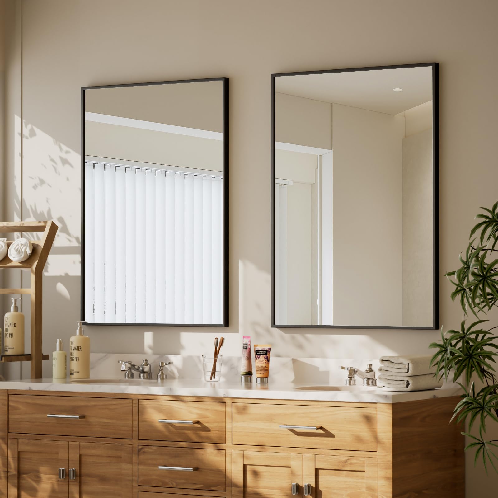BEAUTYPEAK 76x51cm Rechteckiger Wandspiegel, Badezimmerspiegel mit schwarzem Aluminiumrahmen, Bruchsicherer Wandspiegel für Bad, Schlafzimmer, Wohnzimmer, Rectangular Bathroom Mirror