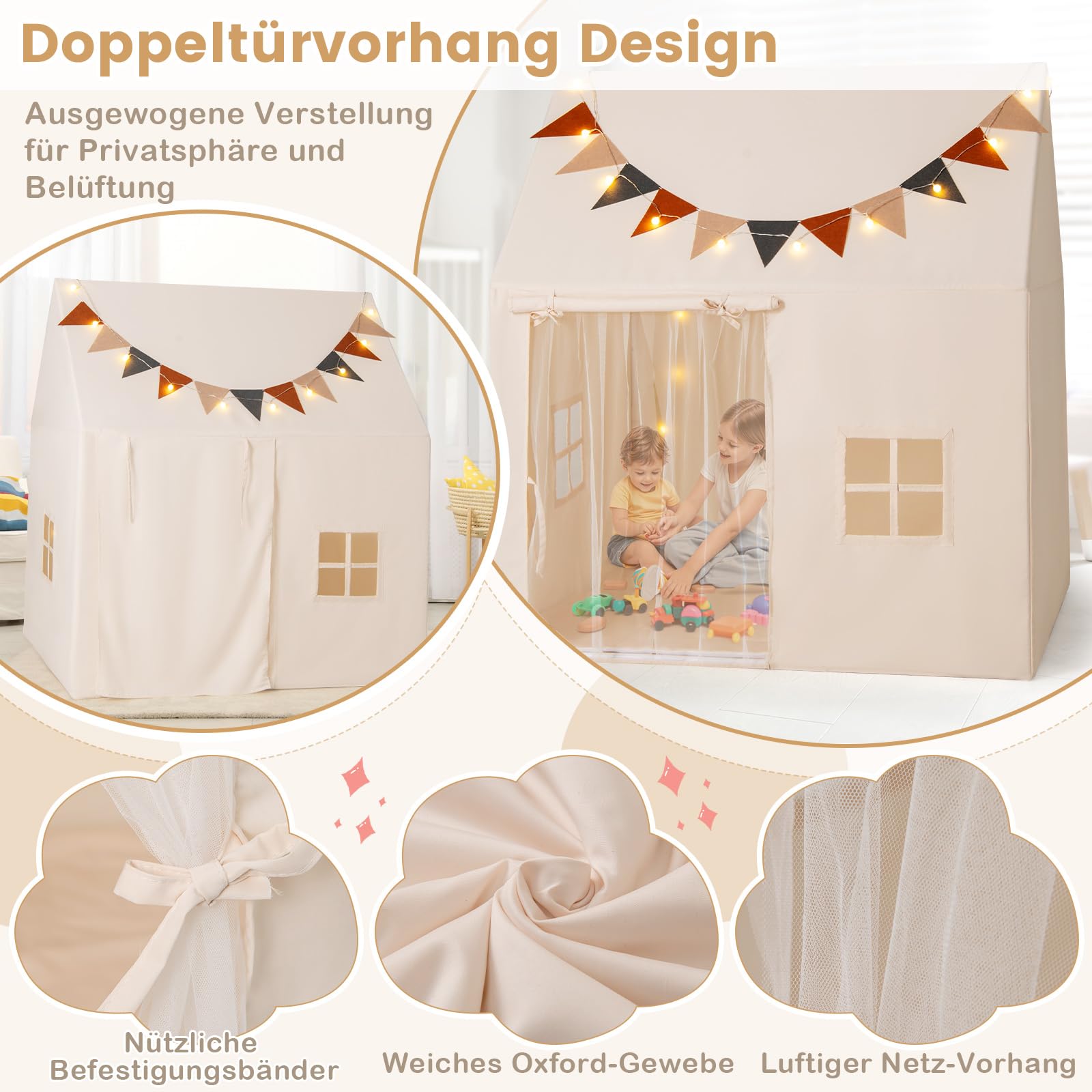 COSTWAY Kinderzelt für Drinnen, Spielhaus Kinder Indoor mit rutschfeste Matte & Lichterketten & Flaggen, Spielzelt Kinderzimmer Zelt für Kinder ab 3 Jahren