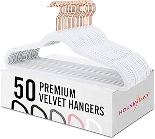HOUSE DAY White Velvet Hangers 50 Pack, Non Slip Felt Hangers, Space Saving Clothes Hangers, Heavy Duty Coat Hangers, Slim Flocked Hangers, Suit Hanger for Adult (Snow White/Rose Gold Hooks)