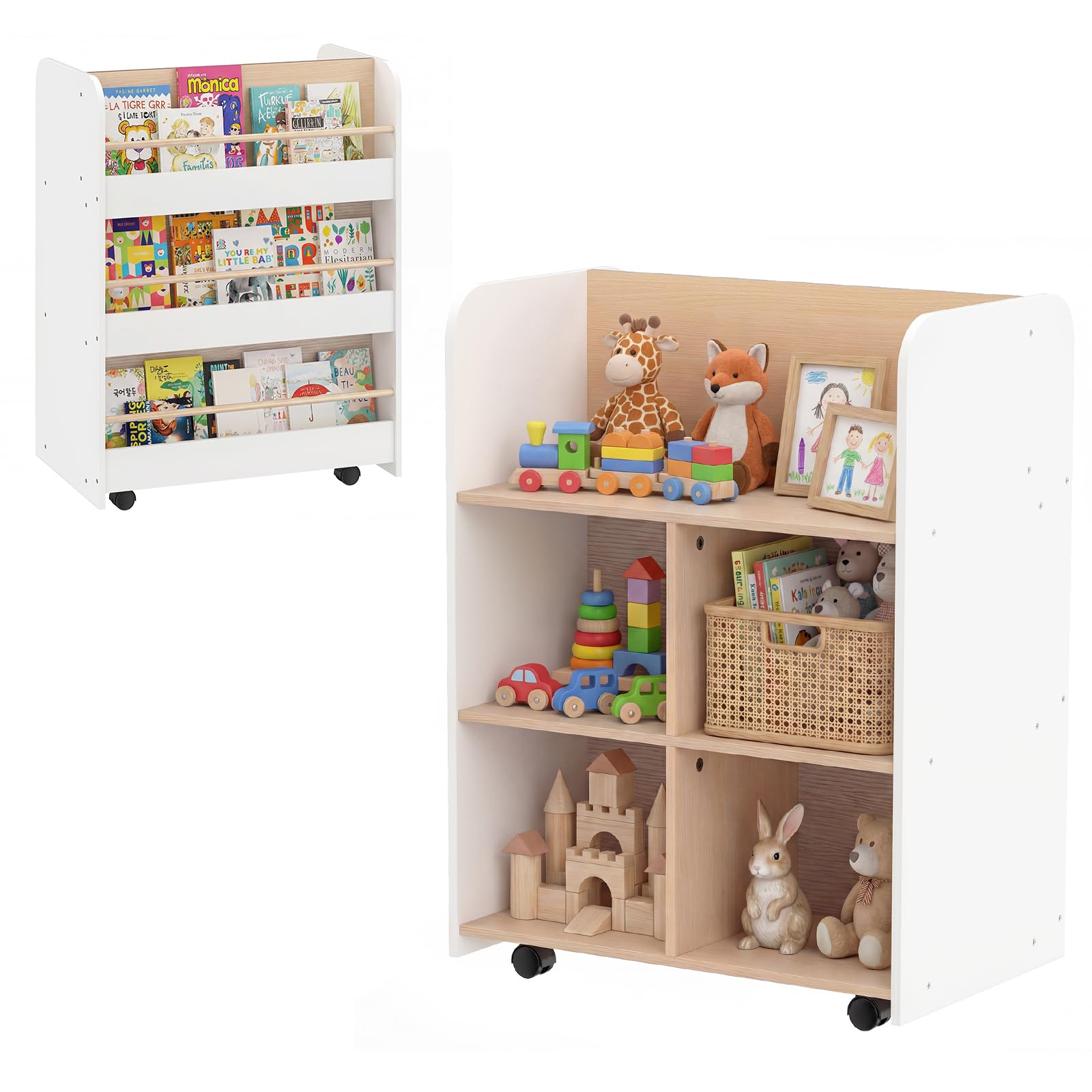 COSTWAY Bibliothèque Enfant Double Face avec 3 Étagères et 5 Casiers Ouvertes, Étagère à Livres Enfant avec 4 Roues, Kit Anti-basculement, Organiseur de Jouets pour Salle de Jeux Crèche