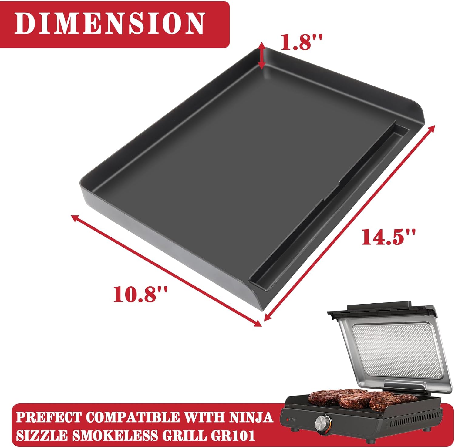 Griddle Plate for Ninja GR101 Sizzle Smokeless Grill, Flat Top Griddle Plate for Ninja Sizzle GR100 Series, Non-Stick GR101 Griddle Plate, Insert