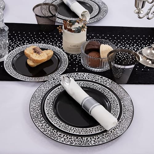 Miniatura 5 de NOCCUR Vajilla de 210 piezas de plástico negro y plateado, platos con cubiertos de plástico preenvueltos y vasos plateados, vajilla de plástico