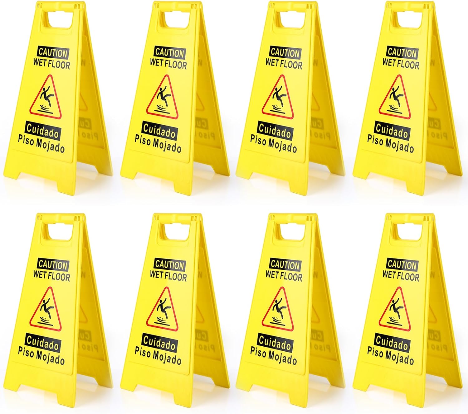 8-Pack Caution Wet Floor Sign,17.5" Height,Bright Yellow Double-Sided Folding A-Shaped Frame Design, Bilingual Caution Message