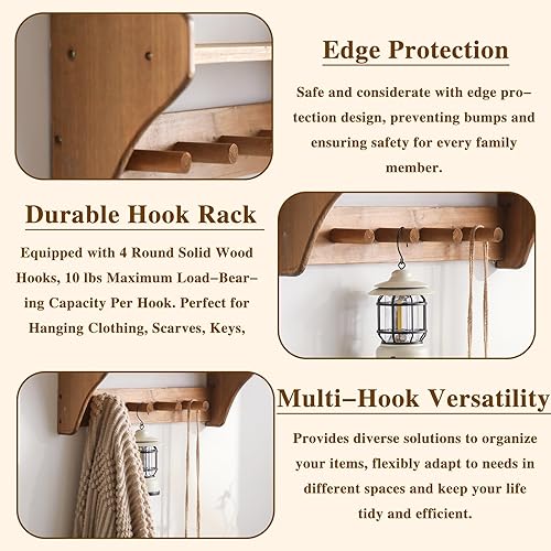 Miniatura 5 de Ganchos de pared con estante, perchero rústico de madera maciza con estante montado en la pared, estantes de decoración de granja con 4 ganchos de