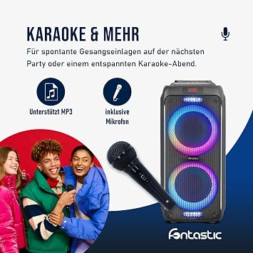 Fontastic Party-Lautsprecher Zeal - Bluetooth Lautsprecher mit USB-Wiedergabe AUX und MicroSD - Karaoke Box mit Mikrofon und LED Leuchteffekten - tragbares Soundsystem - Schwarz (Zeal 600)