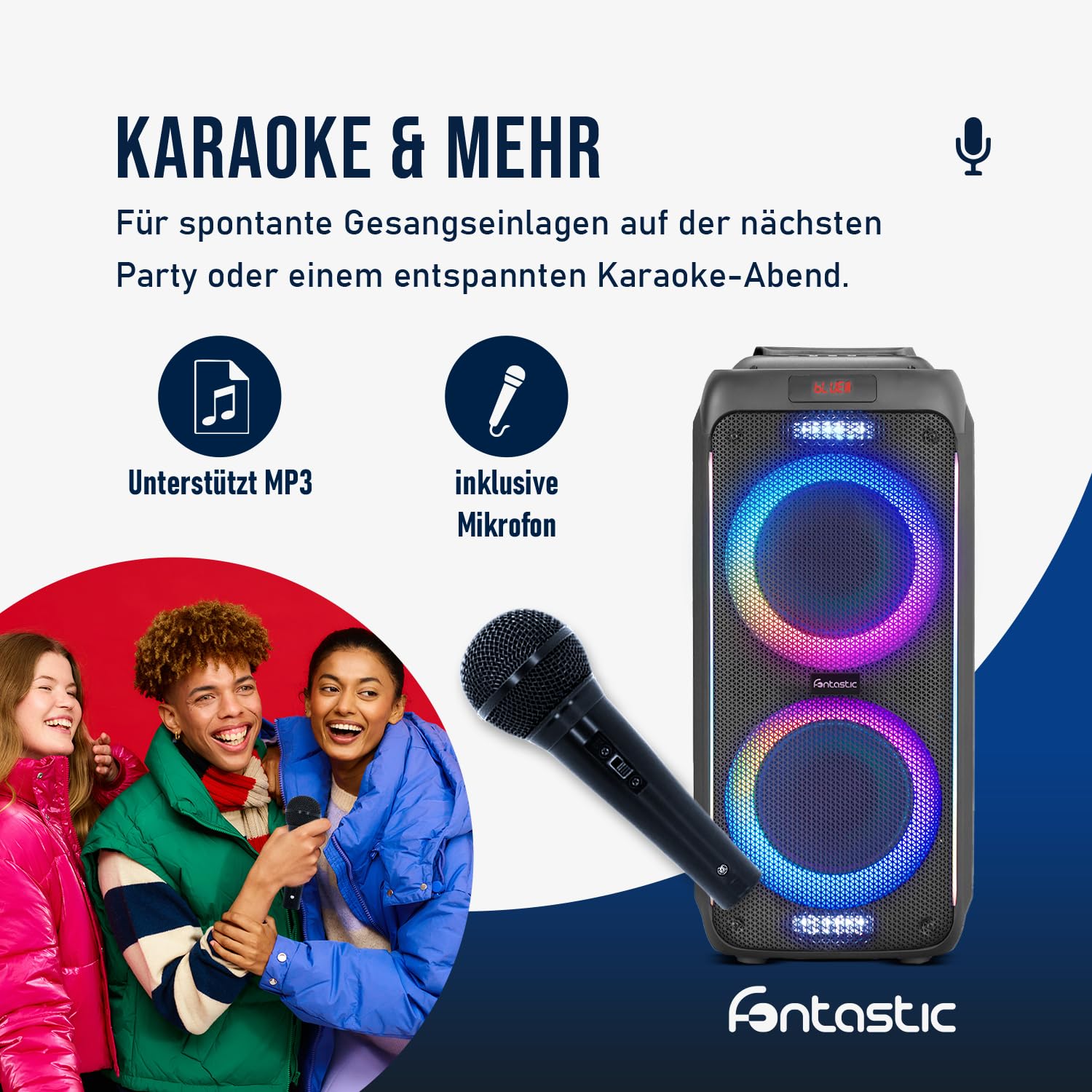 Fontastic Party-Lautsprecher Zeal - Bluetooth Lautsprecher mit USB-Wiedergabe, AUX und MicroSD - Karaoke Box mit Mikrofon und LED Leuchteffekten - tragbares Soundsystem - Schwarz (Zeal 600)