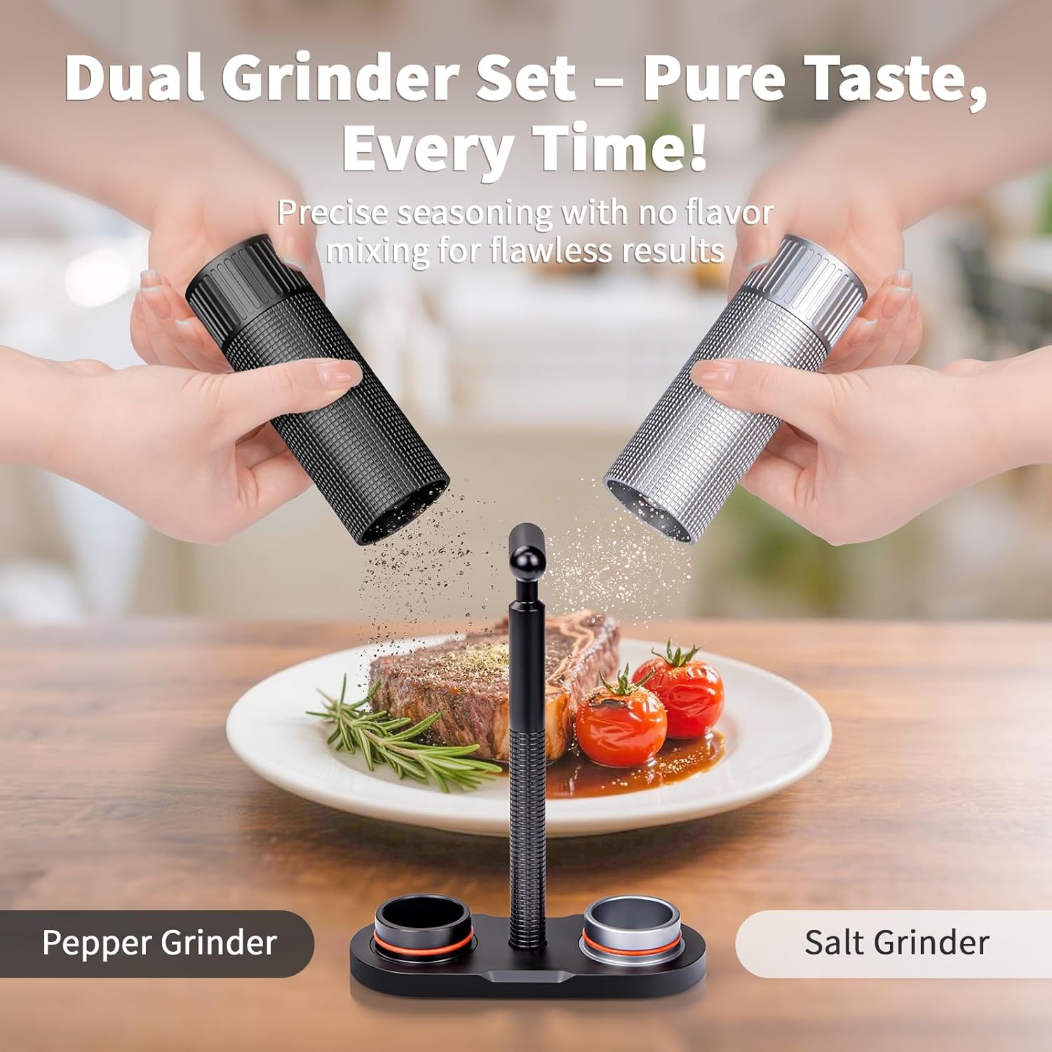 Luvan Professional Salt and Pepper Mill Set, Heavy Duty Aluminum Manual Salt and Pepper Grinder with 12 Adjustable Coarseness, Gift Set for Friends and Family Salt & Pepper Mill Set (Metal Stand)
