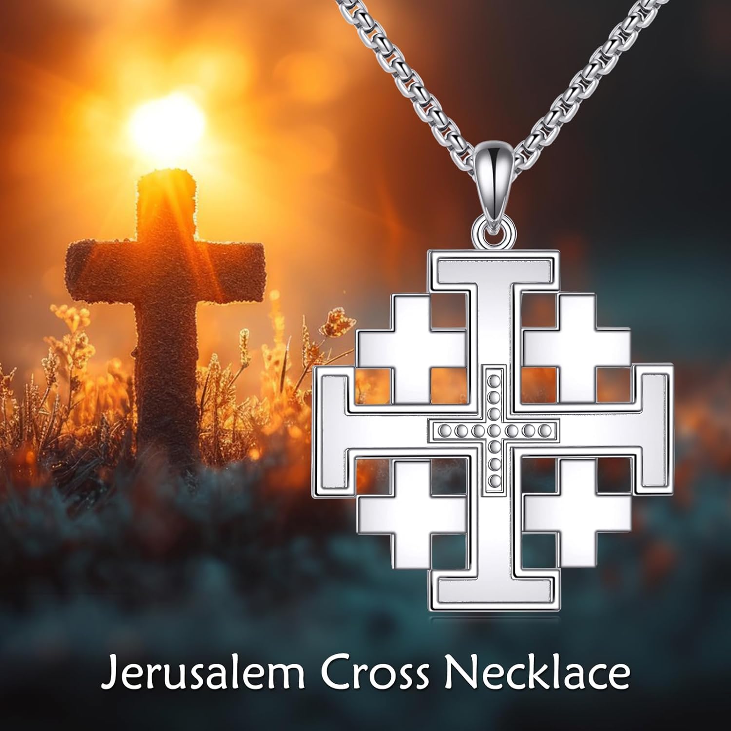 Jerusalem Cross necklace 925 Sterling Silver Jerusalem Cross Pendant Christian Jewelry for Men, w/Stainless Steel Chain 22”+2” - Image 6