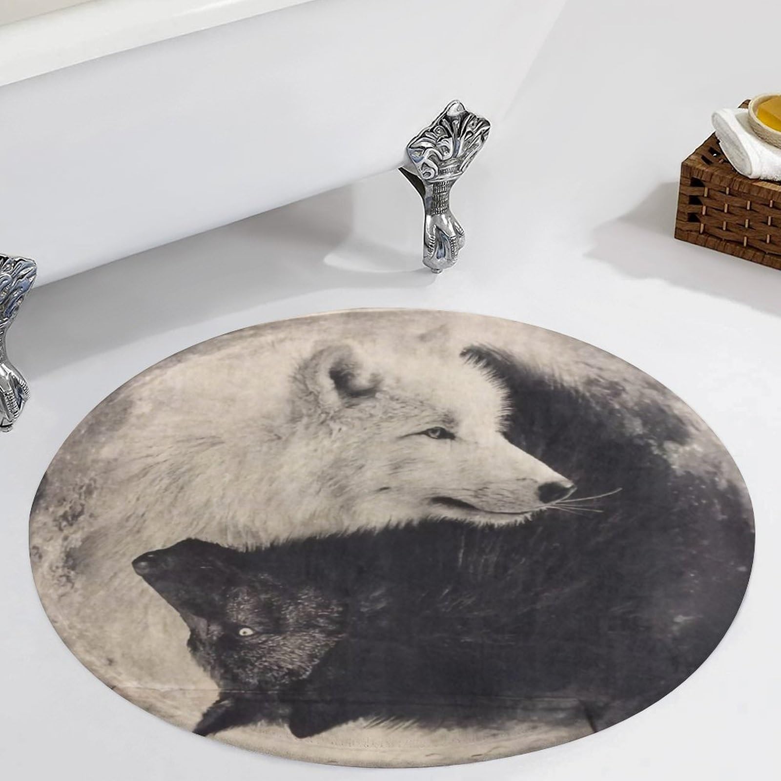 Tapis rond motif loup mythologie nordique 60cm en velours corail