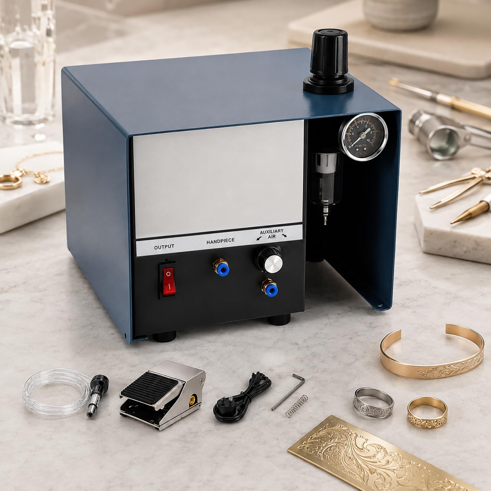 HCAUYNN Pneumatic Impact Engraver for Jewellery, Compact Metal Engraving Machine with Adjustable Pressure Gauge for Fine Engraving & Jewellery Repair