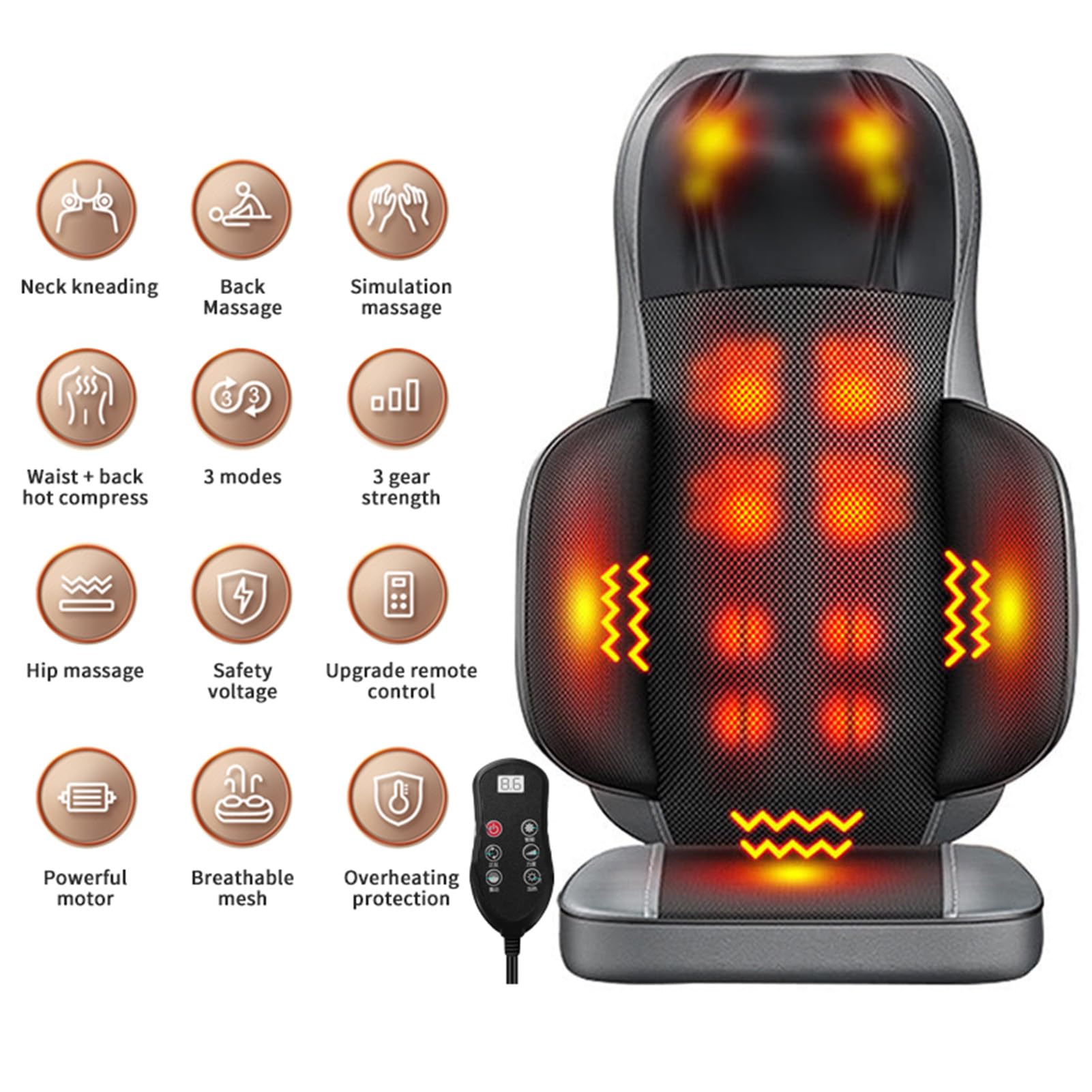AVSMGP Esterilla Masaje Corporal con Calor Y Amasamiento - Cojín De Masaje con 3 Modos Principales - Masajeador Espalda Shiatsu 10 Nodos para Dolor Hombros Y Cuello
