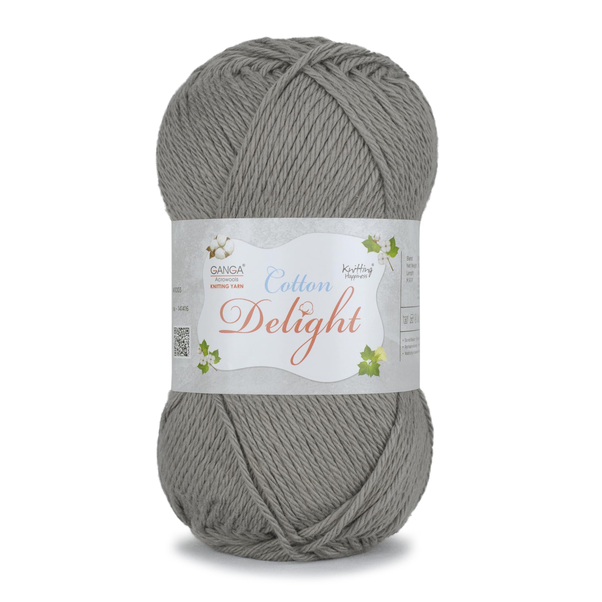 Ganga Acrowools Cotton Delight, Dk Weight Cotton Yarn, Oekotex Class L Certified 100G, 169M COD006 Dove Grey