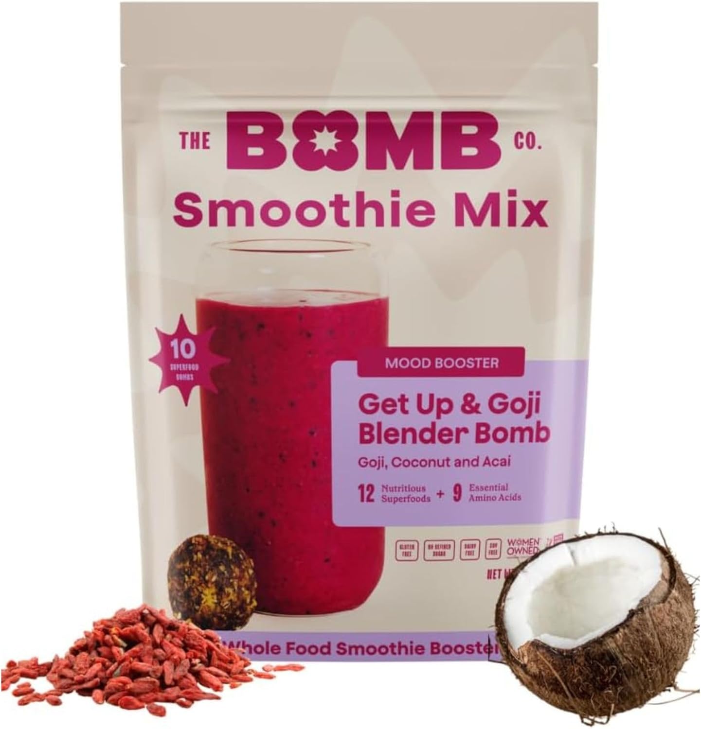 The Bomb Co. Blender Bomb, Get up & Goji, Superfood Smoothie Mix With Goji Berries, Hemp, Flax, Chia Seeds & Amino Acids, Gluten Free, High Fiber, 10 Servings