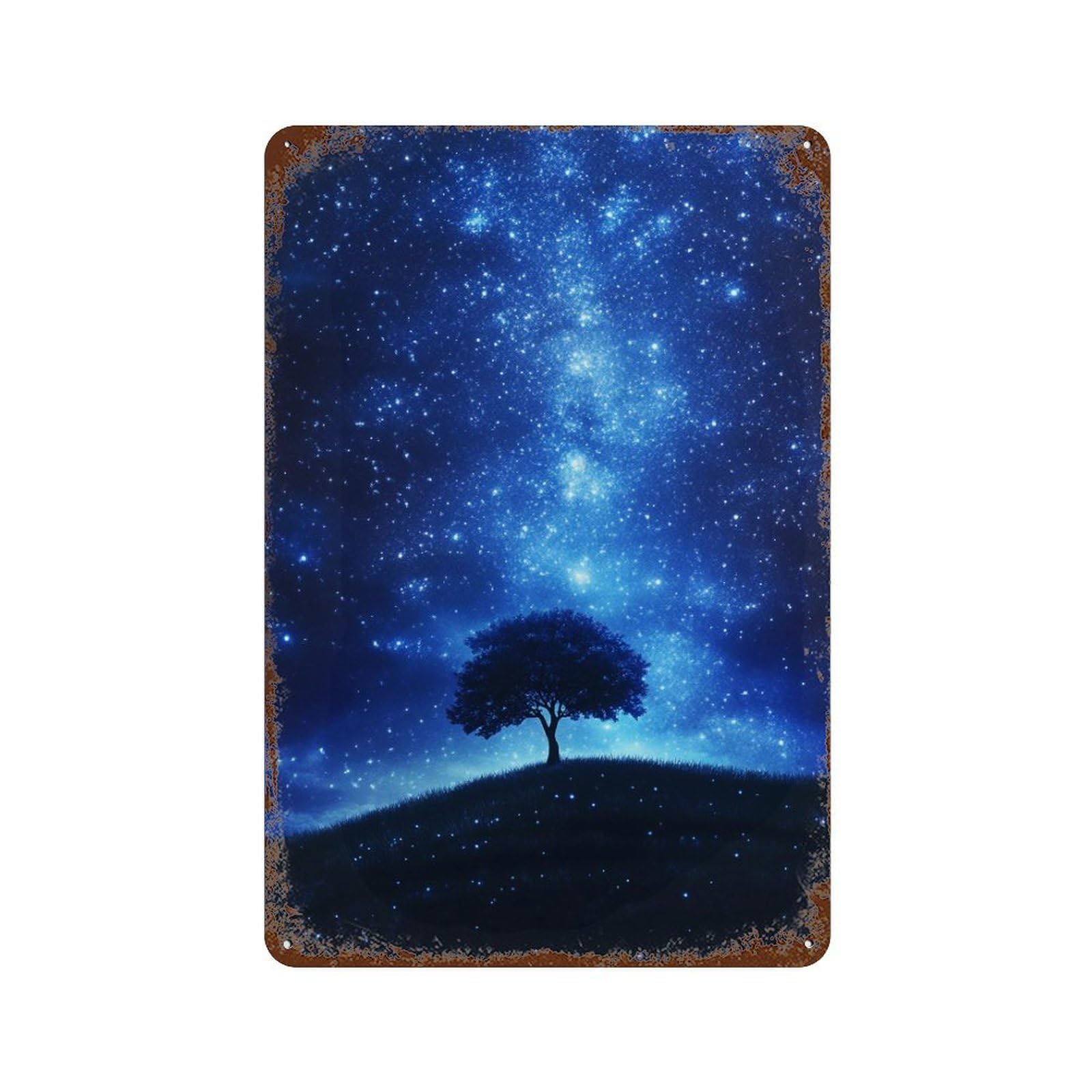 Rust Effect Starry Night Sky with Tree Aged Metal Wall Plaque 11.8"x7.9", Shabby Chic Decor for Living Room, Hallway And Home Decor