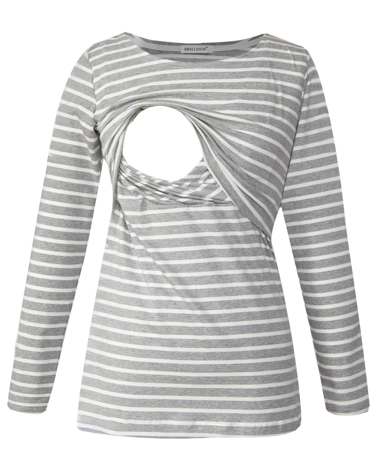 Smallshow Women's Grey Stripe Long Sleeve Breastfeeding Top Maternity Nursing T-Shirt Pregnancy Clothes Xxl