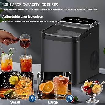 Ice Maker Machine, 1.2L Countertop Ice Cube Maker with Self-Cleaning, 12kg in 24H, Low Noise, Portable for Home, Kitchen, Office, Party, Bar, RV