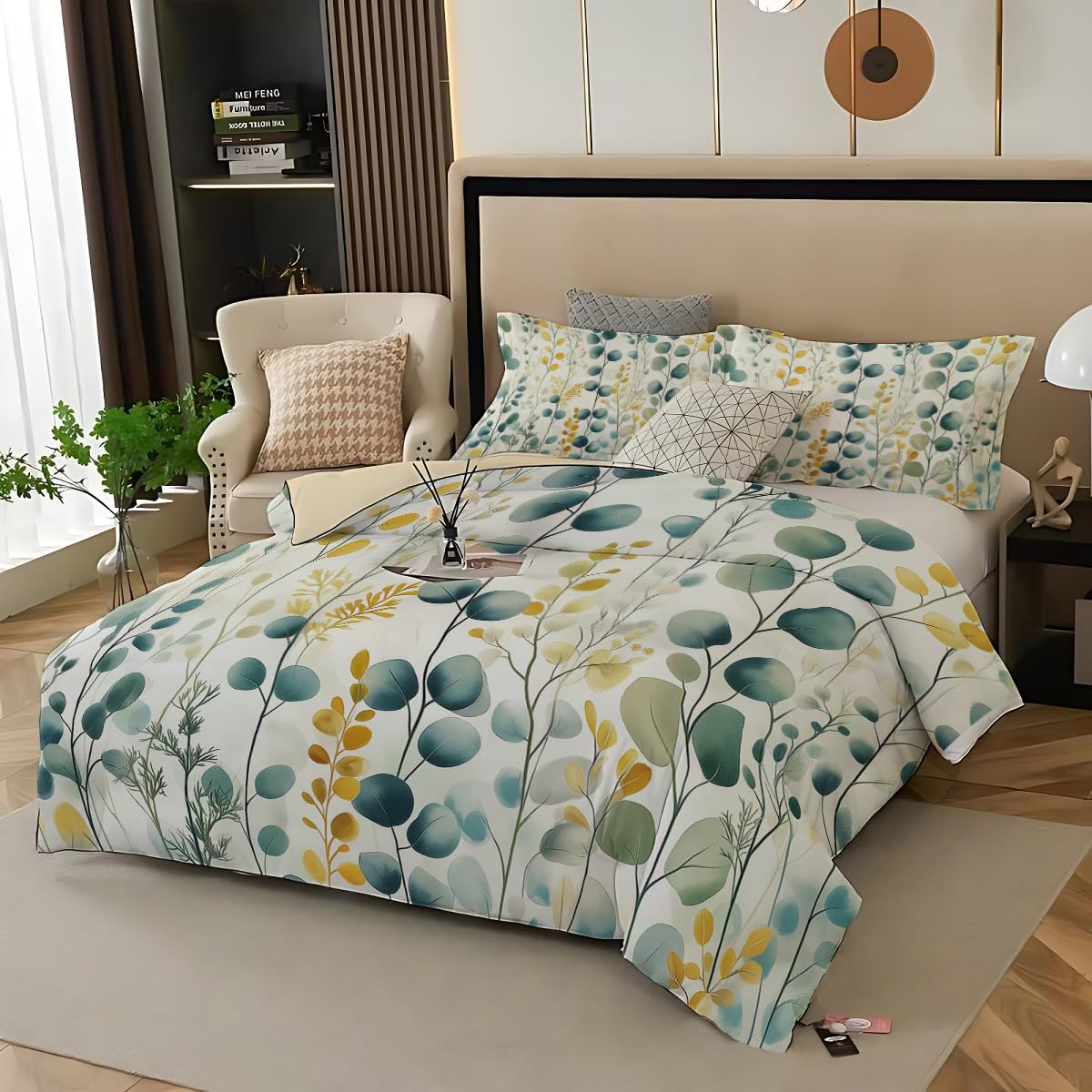 Housse de couette eucalyptus bleue 140x200 cm avec 2 taies d'oreiller réversible en microfibre