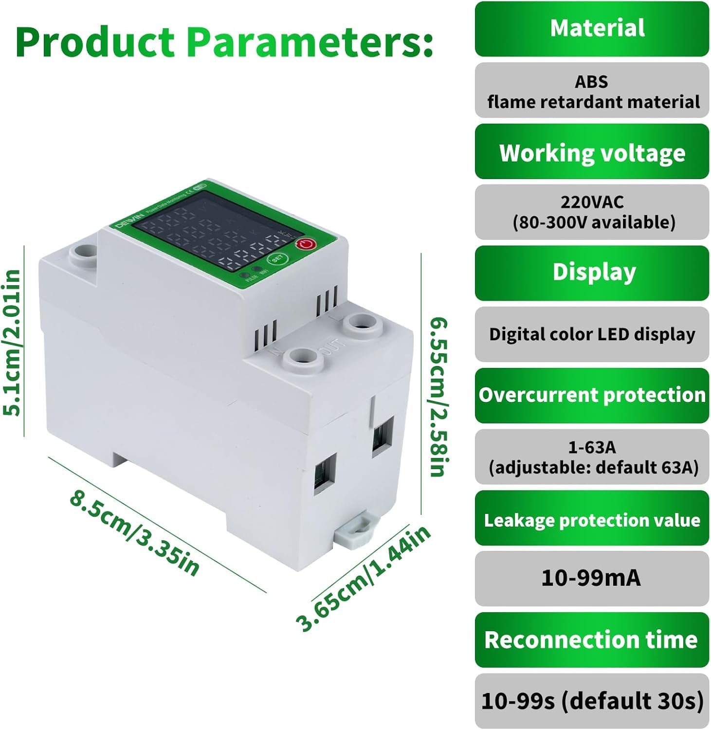 DEWIN Medidor Consumo Electrico WiFi,2P 63A 230VAC Contador Electrico Medidor de Energía Inteligente WiFi con Protección contra Sobretensión, Sobrecorriente, Fugas y Sobretemperatura