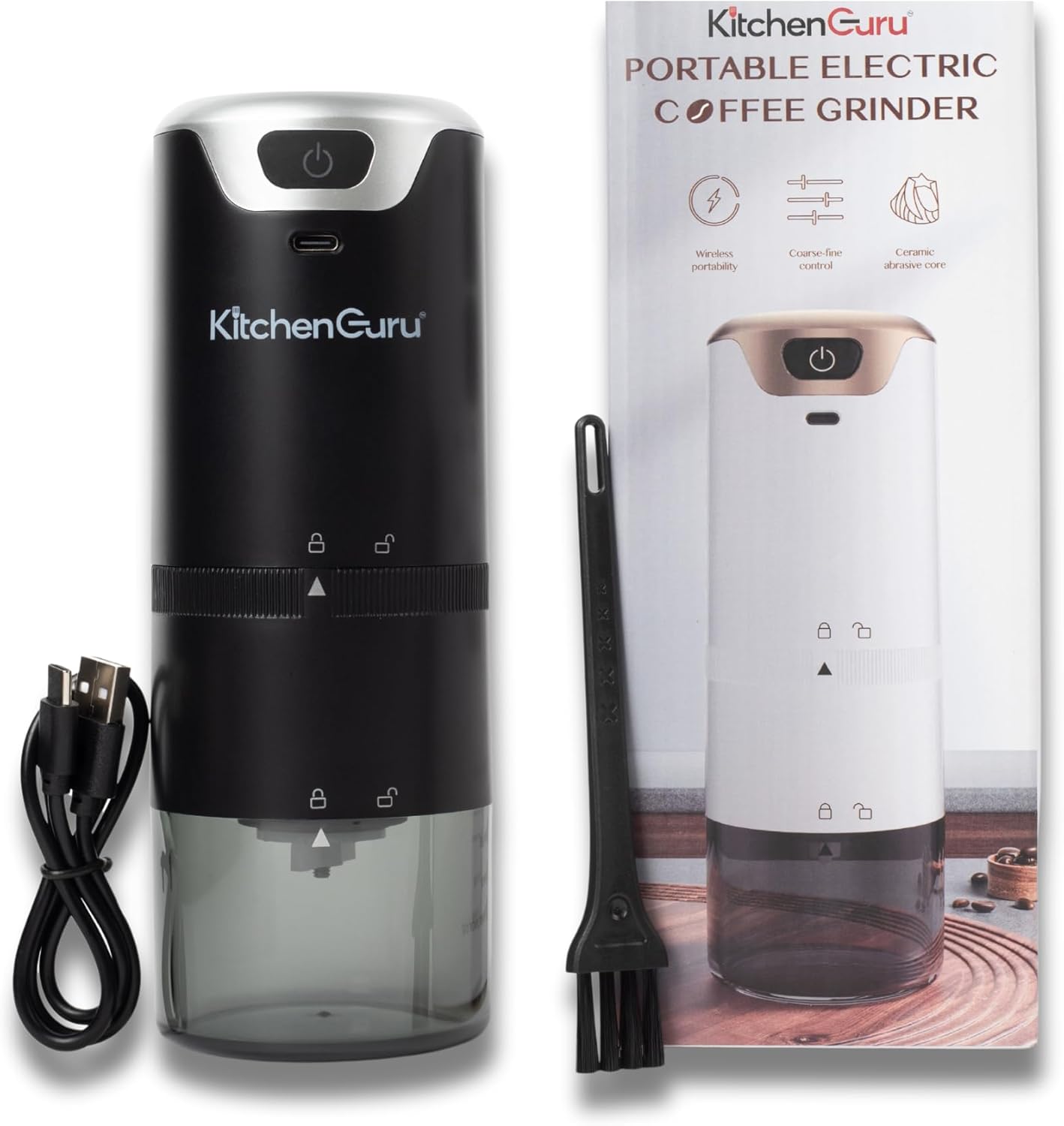 Levare Rechargeable Coffee Grinder - Cordless Coffee Grinder with Ceramic Burrs - Low Noise Battery Powered - Adjustable Grind Settings for Coarse to Fine - Portable for Travel w/USB-C Charging Cord