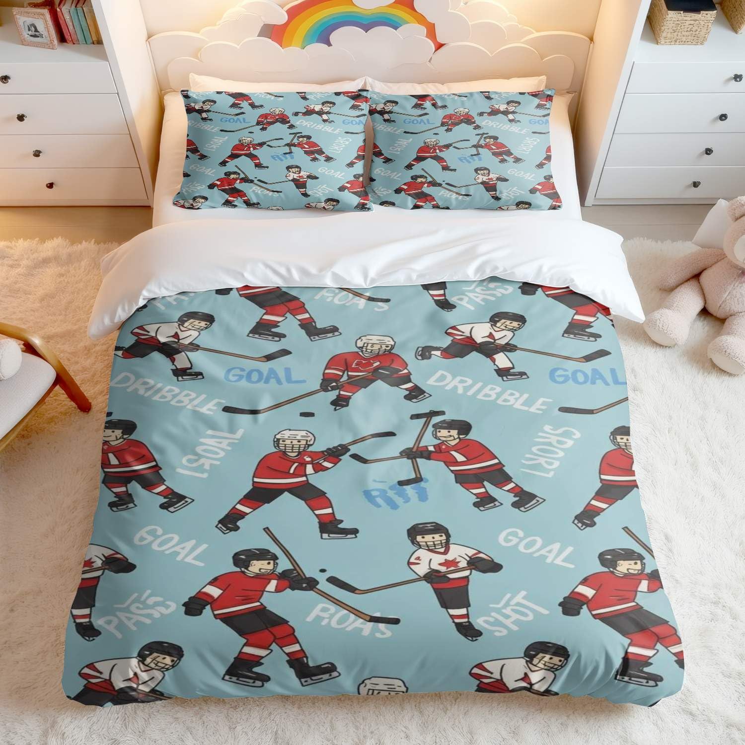 Housse de couette hockey dessin animé rouge pour relooker une chambre de garçon
