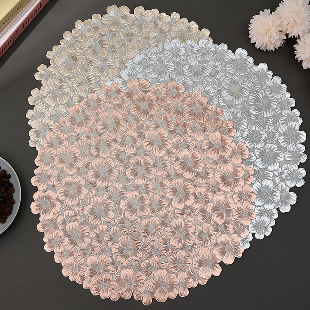 Mignon De Conception De Fleurs PVC Placemat pour Table À Manger - 38 Cm (14,9 Pouces) Mat De Lieu Créatif Rond, Tapis De Table Floral Décor, Décor Artistique Décor De Café Tapis,Argent,16pcs