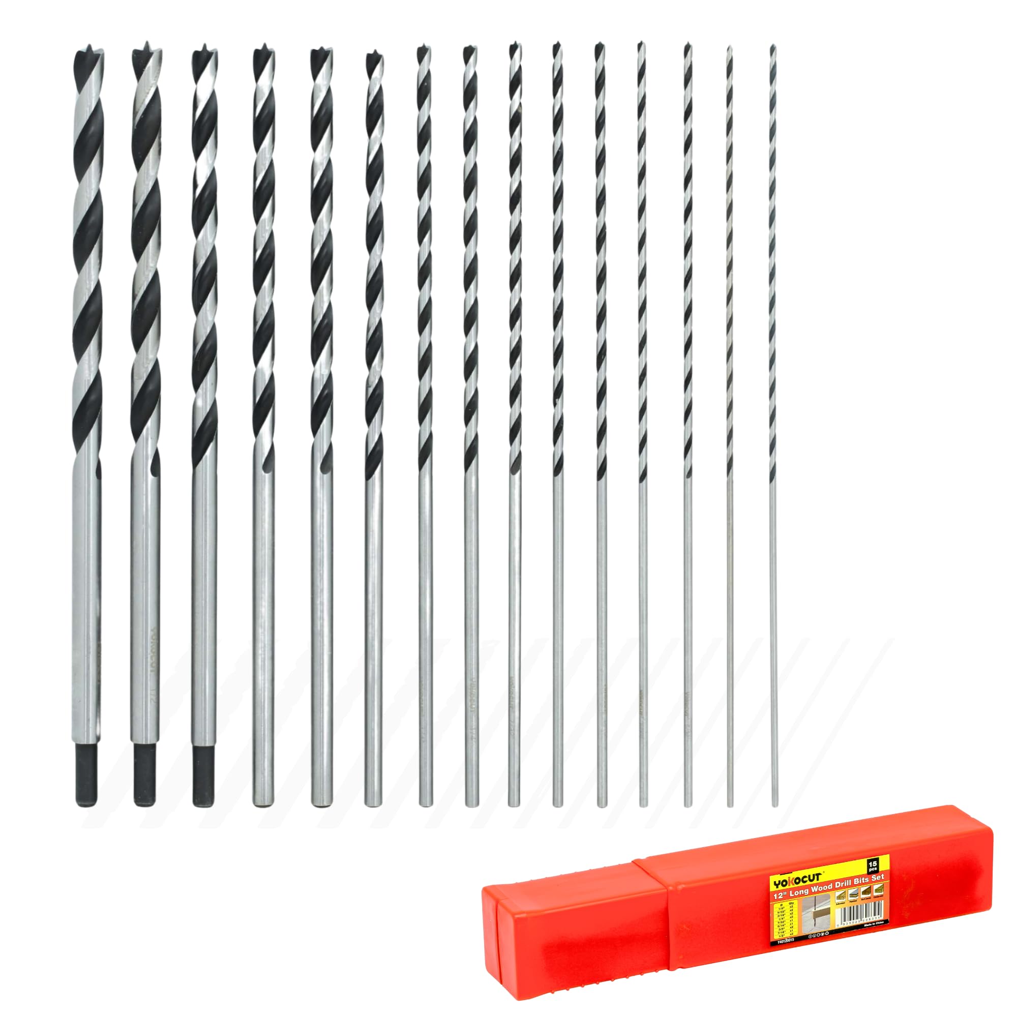 Brad Point Lot de 15 forets à bois de 30,5 cm de long, forets à pointe brasse de 0,3 cm à 1,27 cm pour le travail du bois, foret extra long pour bois dur, contreplaqué, PVC, cloison sèche, composites