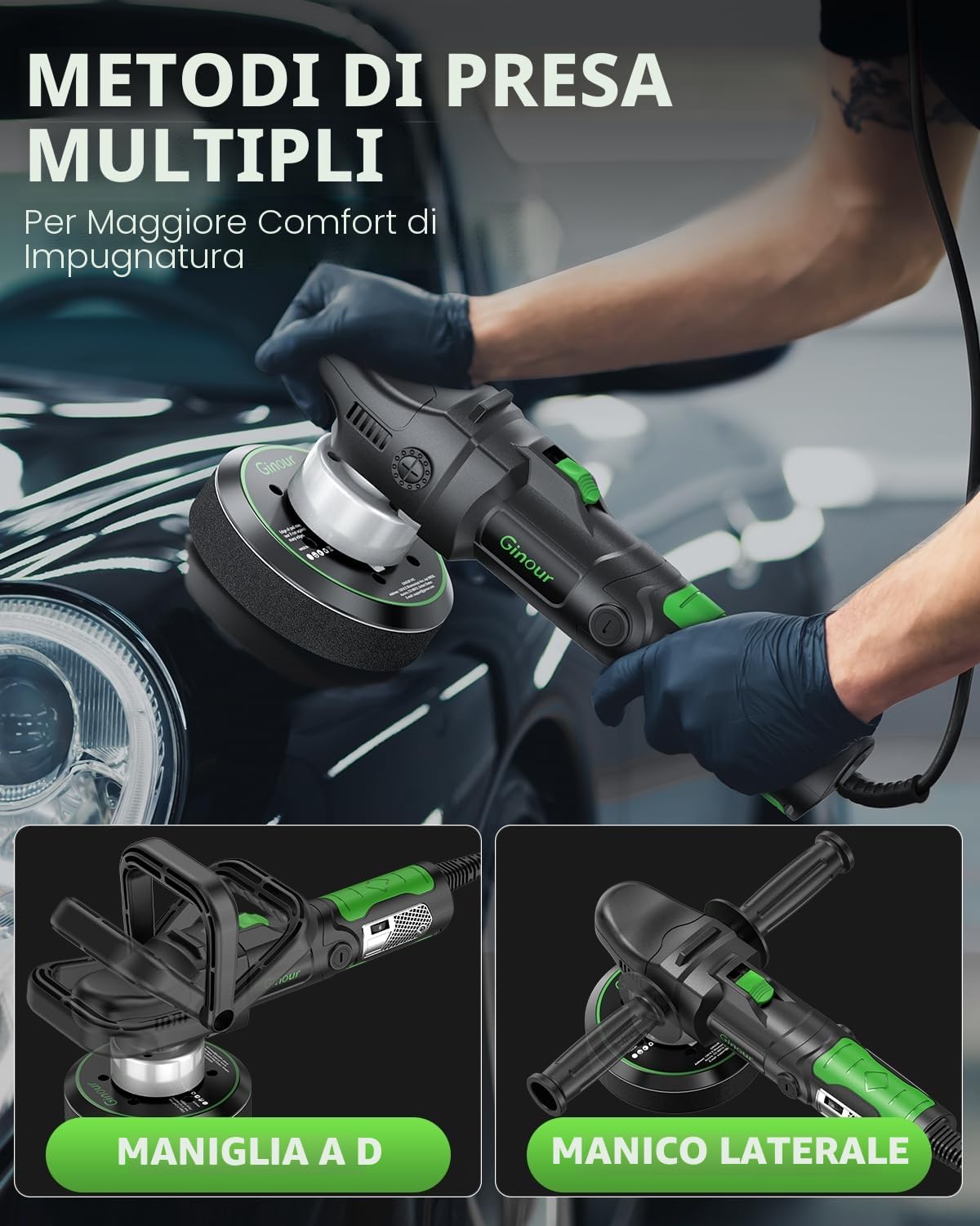 Ginour Lucidatrice Rotorbitale 1050W per auto, 6 velocità regolabili (2000-6400 OPM), lucidatrice auto con impugnatura a D e maniglia laterale, platorello da 150 mm / 6 pollici