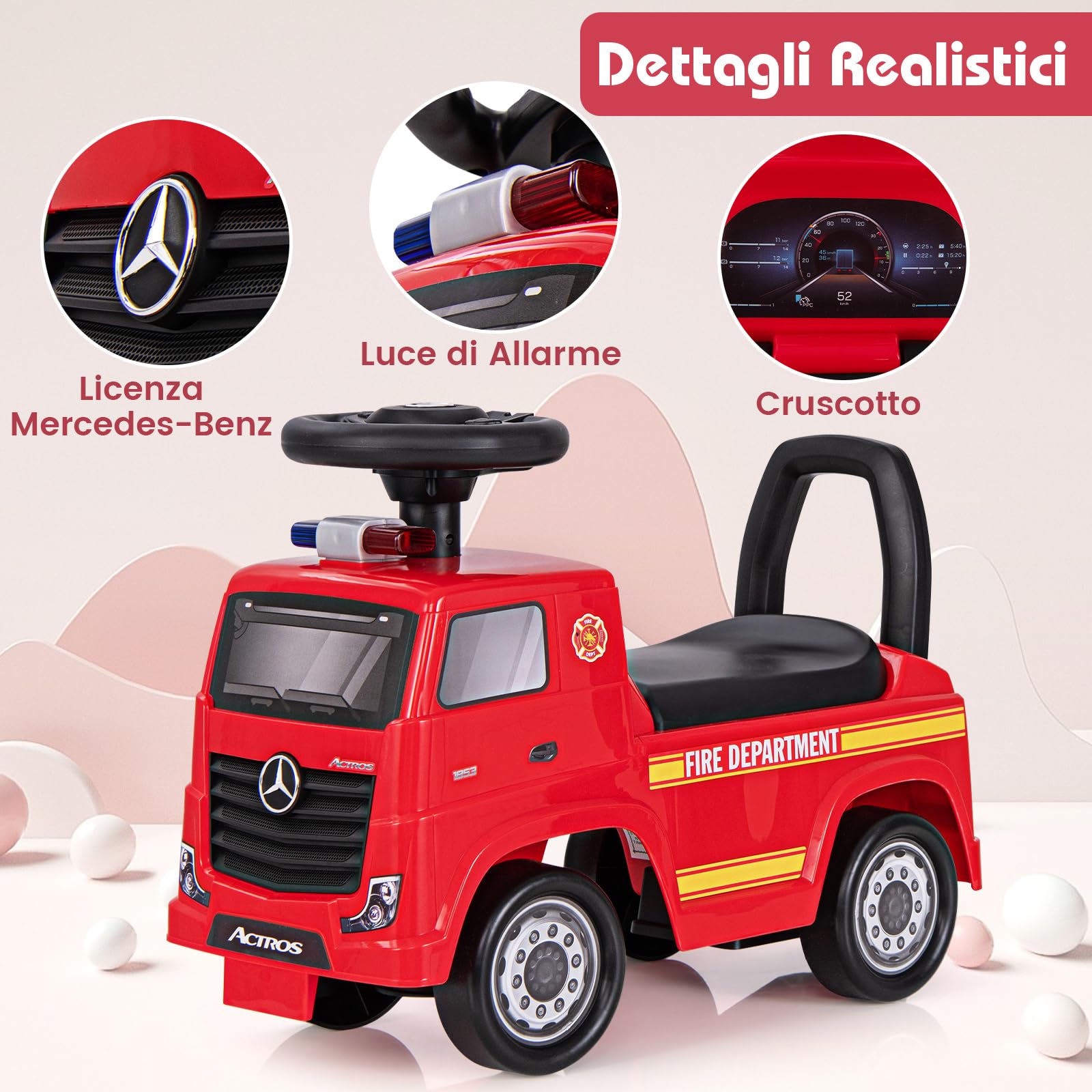 COSTWAY Camion dei Pompieri per Bambini, Macchinina Cavalcabile con Musica e Clacson, con Spazio di Stoccaggio Nascosto e Volante, Regalo per Bambini 2-6 Anni