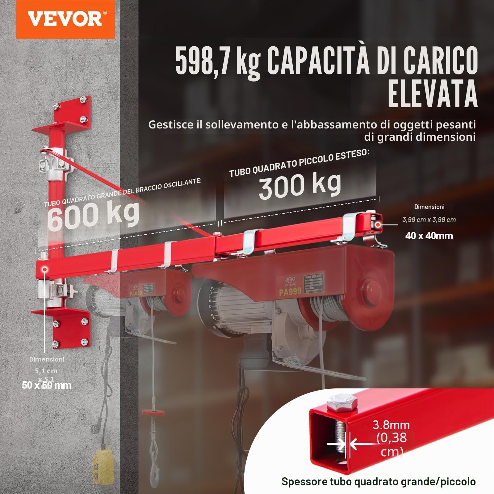 VEVOR Braccio Supporto per Paranco Elettrico, Capacità Carico 600 kg, Braccio di Supporto per Paranco Girevole con Asta, Telaio di Sollevamento in Acciaio a 180° per Officina, Garage