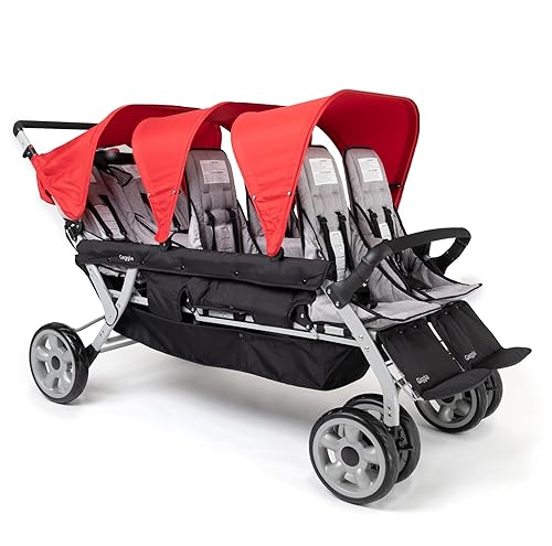 Gaggle Jamboree - Cochecito plegable en tándem para niños con toldos de protección UV, arnés de seguridad de 5 puntos (rojo)