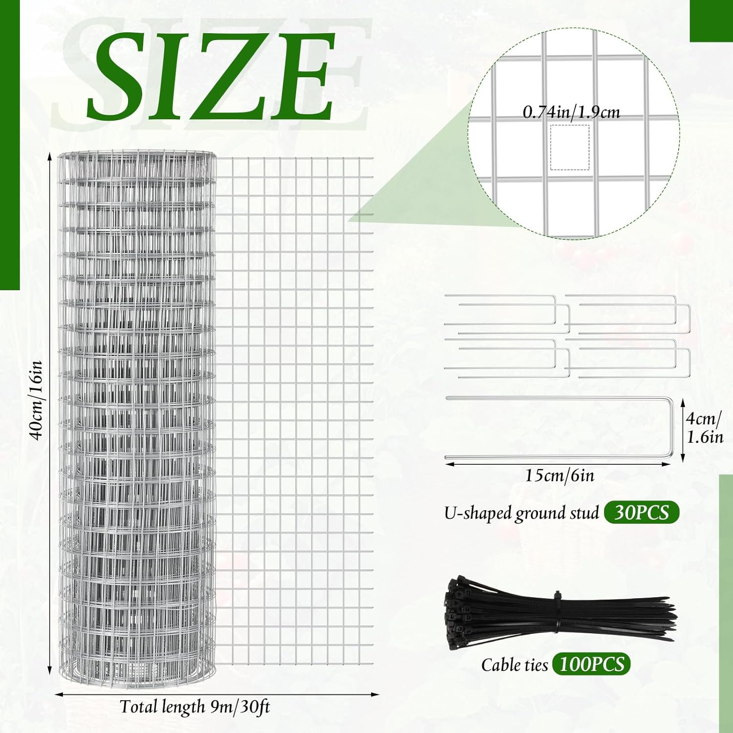 LEIFIDE Plant Protector Cage 30 ft x 16 Inch 20 Gauge 3/4'' Hardware Cloth Roll Garden Wire Protector with 30 U Stake &100 Zip Ties Galvanized Welded Wire Mesh Fencing for Animal Tomato Chicken Coops