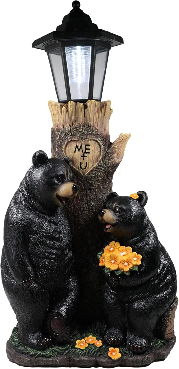 Ebros Love is in The Air Me + U Rustic Forest Black Bear Couple Courtship Dating Outpost Statue with Solar LED Light Lantern Path Lighter As Garden Decorative Sculpture of Bears Valentines Accent