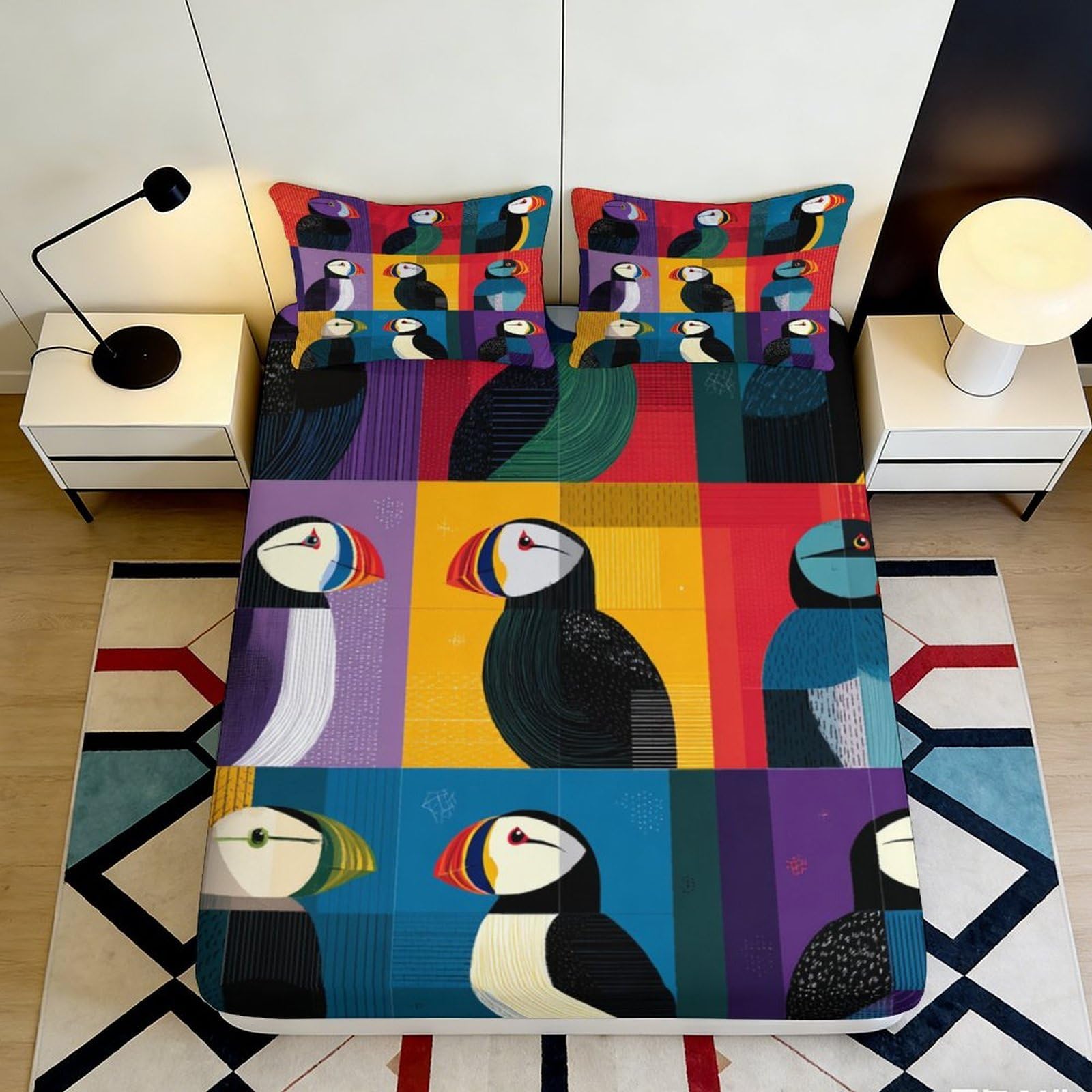 3D Printed Colorful Puffin Fitted Sheet Microfiber Soft Breathable Geometric Bird Mattress Cover for Bedroom Dorm Decor 90x200x25cm