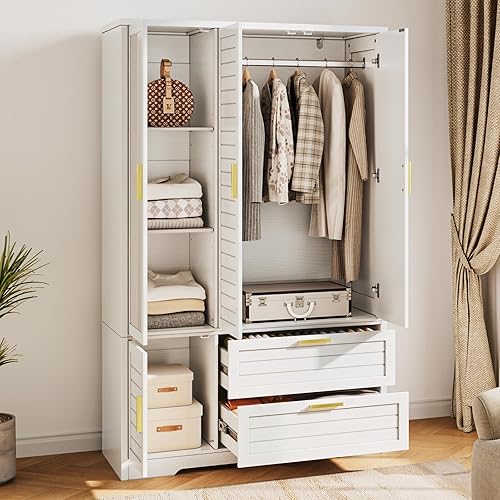 Miniatura 8 de Armario Armario con espejo – Armario de almacenamiento de ropa de madera de 71 pulgadas, Armario con puertas y 2 cajones, Armarios independientes