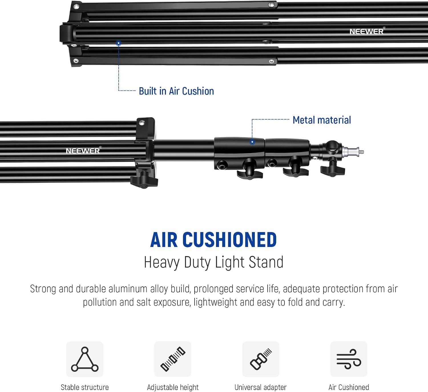 NEEWER 9.2ft/2.8m Air Cushioned Light Stand, Heavy Duty Metal Photography Tripod Stand with 1/4" to 3/8" Reversible Spigot, 3 Way Mounting Interface & Metal Locking Knobs, Max Load 5.5lb/2.5kg
