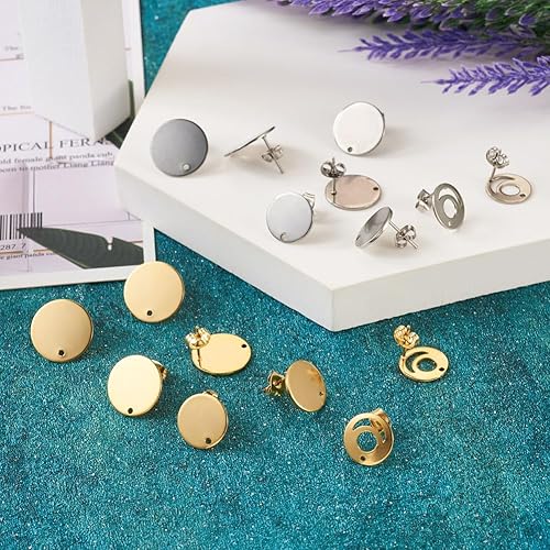 Miniatura 7 de 32 aretes de acero inoxidable 201, aretes redondos planos de acero inoxidable de 24 quilates, con pasador de acero inoxidable 304 para aretes