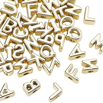 50Pcs Acrylic Letter Beads Gold Letter Shaped Beads Bulk Random Styles Plastic Opaque Smooth Shiny Letter Spacers for Jewelry Making Findings DIY Crafts Keychain Bracelet Earrings Adults