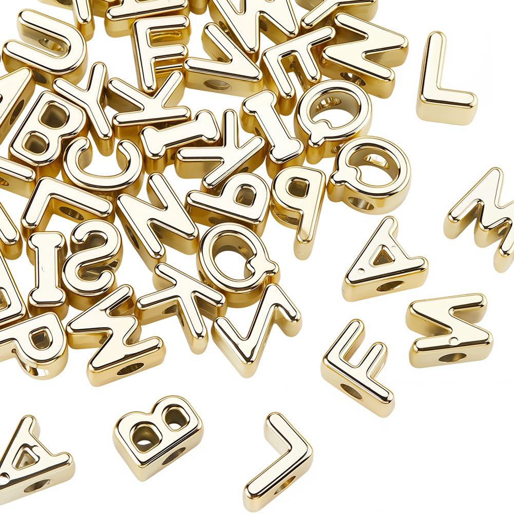 SOFPLATE 50Pcs Acrylic Letter Beads Gold Letter Shaped Beads Bulk Random Styles Plastic Opaque Smooth Shiny Letter Spacers for Jewellery Making Findings DIY Crafts Keychain Bracelet Earrings Adults — image 1
