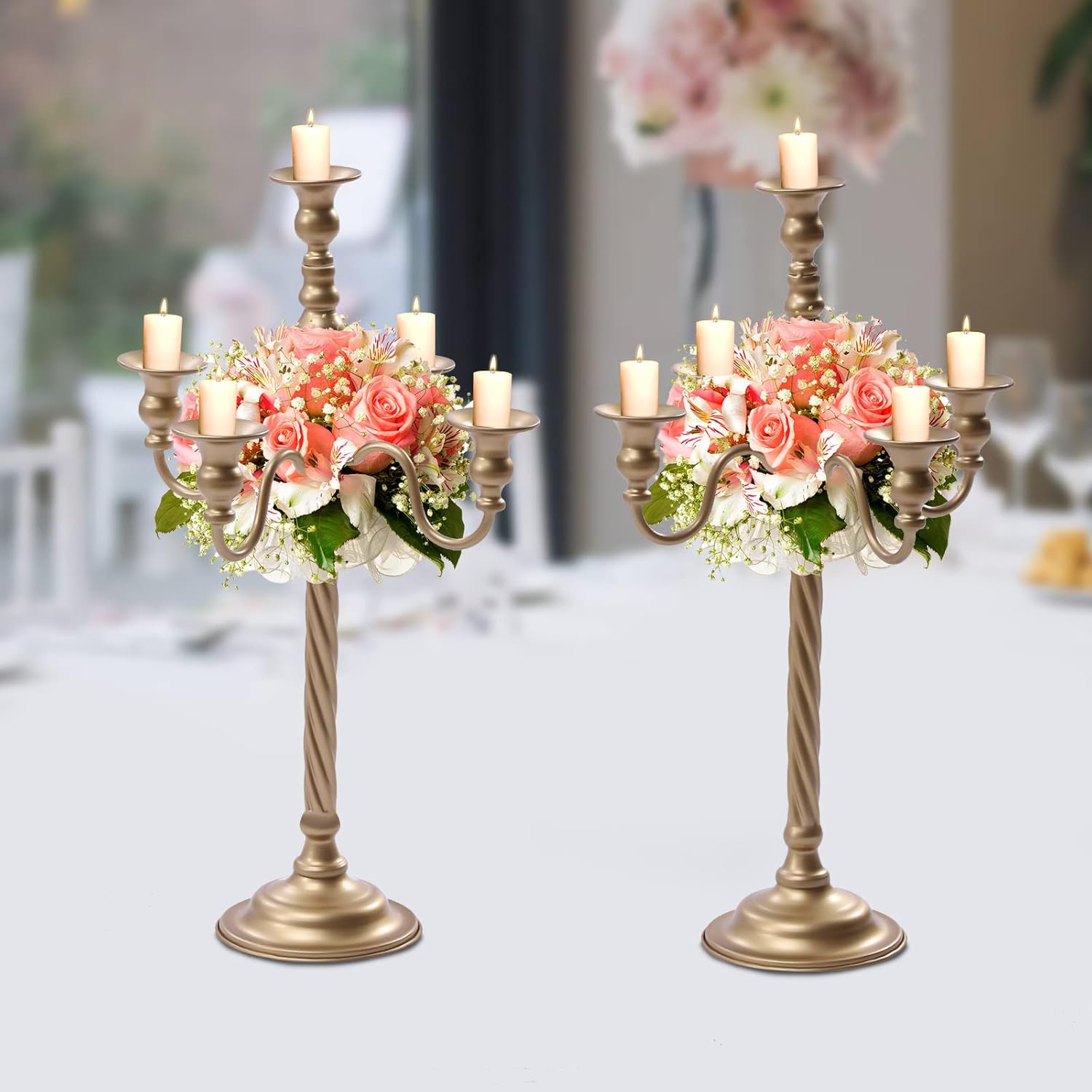 Gold 5-Arm Candelabra 20.9 Inch Tall, 2 Pcs Metal Candle Holders, Table Centerpiece for Wedding Party Event Home Decor