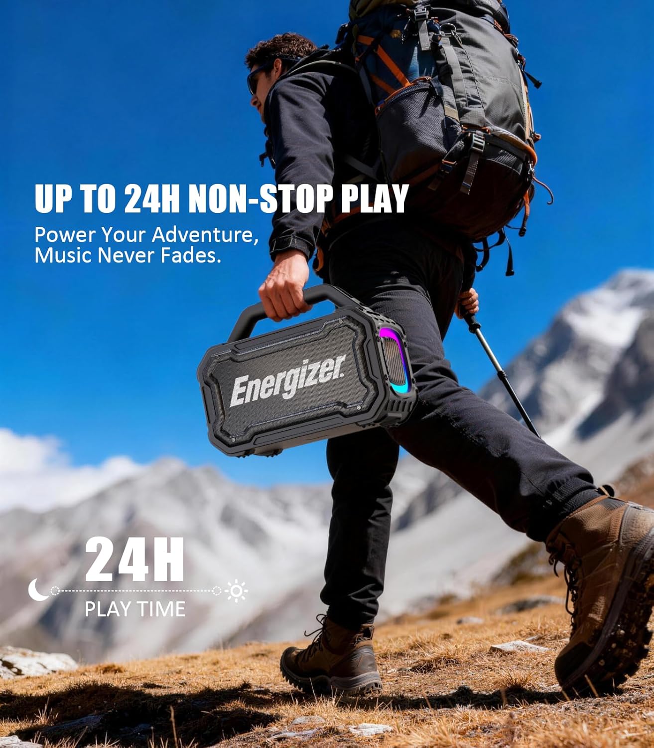 Energizer 100W Portable Wireless Bluetooth Speaker|Bass Boost|24-Hour Playtime|IPX6 Waterproof|Outdoor Ready|LED Light Show|TWS Pairing|Perfect for Outdoor, Party, Beach, Camping, Travel, Garage