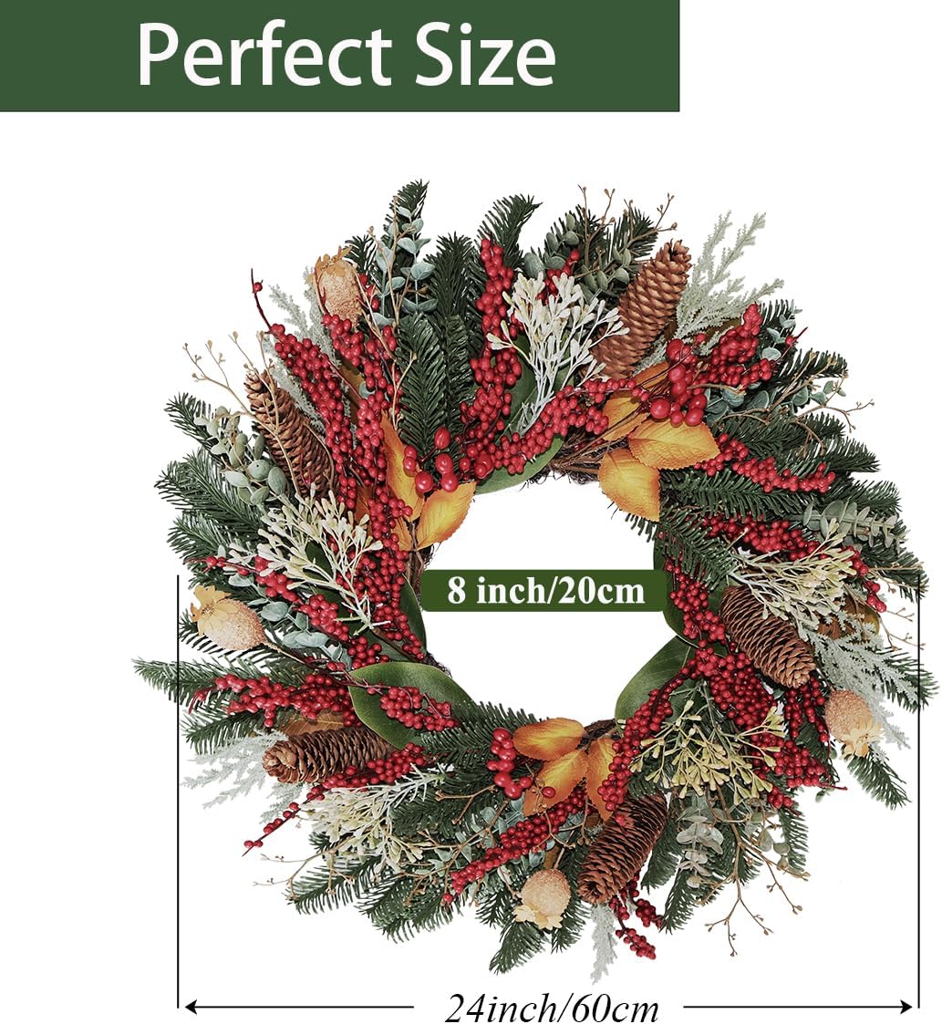 24" Christmas Wreaths for Front Door, Various Red Berries & Magnolia Leaves Pinecones Winter Xmas Wreath Outdoor Holiday Decor, Fall Door Wreath for Farmhouse Front Porch Wall Window - Image 6