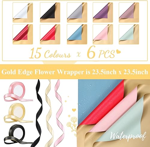 Miniatura 2 de 90 hojas de ramo de papel de regalo de flores, impermeable, embalaje floral de floristería con 300 piezas de diamantes de imitación de cabeza de