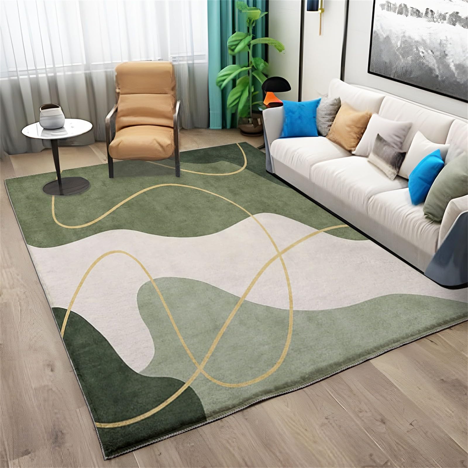 Abstraktes Modernes Design Waschbarer Teppich 120x170cm Wohnzimmer Schlafzimmer Kurzflor rutschfest Flauschig Weich Teppich für Familien mit Kindern Haustieren, HellgrüN Moderne Deko Teppiche