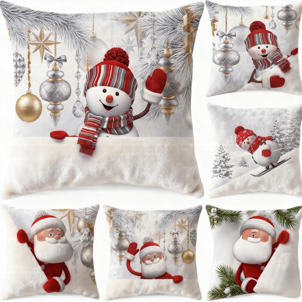 Yoawllty 6 Packs Christmas Pillows Covers, Snowman Santa Claus Throw Pillow Case, 45 x 45cm, Grey, Single-Sided Print, Perfect for Christmas & Winter Decor, Home Decor, 6 Count