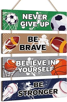 Sport Themed Wall Decor,Football Wood Sign3.5"x12",Inspirational Never Give Up Wooden Sign,Basketball Wood Hanging Wall Art For Boys Kids Room Playroom Nursery DecorRetro Style