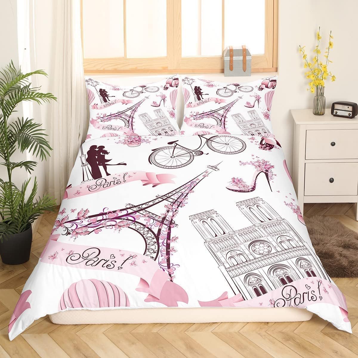 Paris - Copripiumino 200 x 200 cm, set di biancheria da letto, motivo: Torre Eiffel Francia per bambini, ragazze, donne, set da letto a farfalla rosa, per letto romantico, coppia, da viaggio, rosa