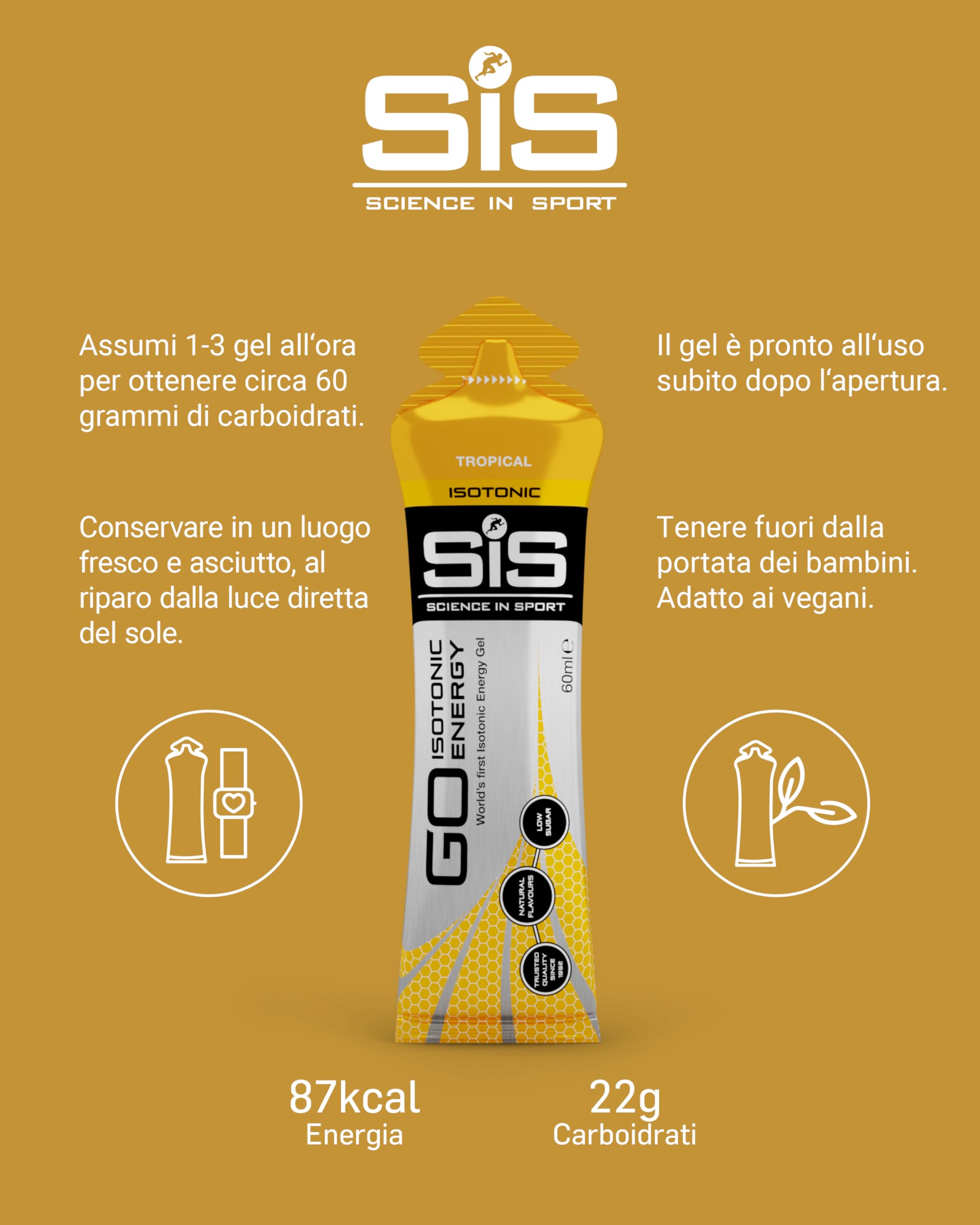 Science in Sport GO Energy Gel isotonico 30x60ml Frutti tropicali, Vegan - Formula isotonica con 22g di carboidrati, Buon apporto di energie, Ottima alternativa ai drink isotonici