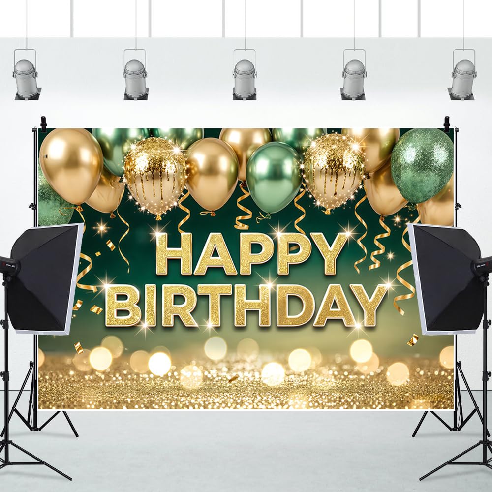 3,6x1,8 m Zielony i złoty baner w tle z okazji urodzin zielony błyszczący balon akcesoria do tła fotograficznego dla kobiet mężczyzn dzieci dekoracje na przyjęcie urodzinowe